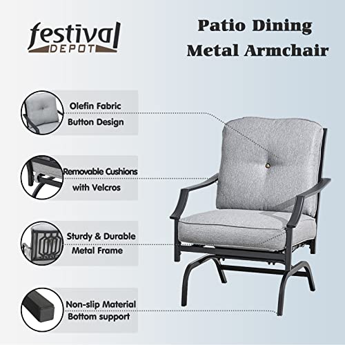 Festival Depot Patio Bistro Dining Chairs Set Outdoor Furniture Steel Frame Armchair with Armrest, Back & Seat Cushions (Set of 2, Grey)