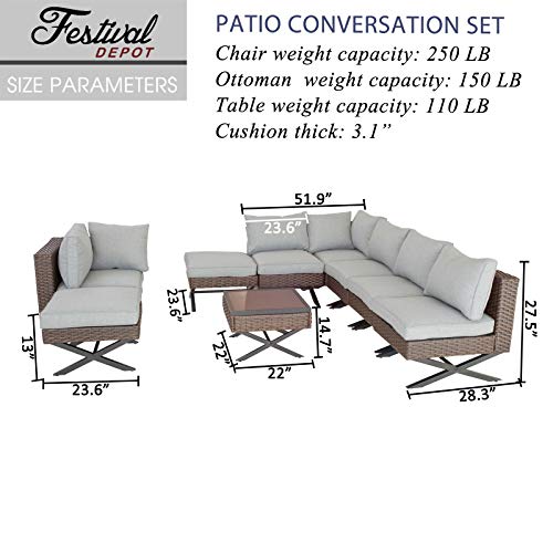 Festival Depot 9pcs Outdoor Furniture Patio Conversation Set Sectional Corner Sofa Chairs with X Shaped Metal Leg All Weather Brown Rattan Wicker Ottoman Side Coffee Table with Grey Seat Back Cushions