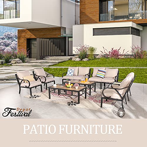 Festival Depot 10pcs Patio Conversation Set Sectional Metal Chairs with Cushions and Coffee Tables Outdoor All Weather Furniture for Garden Backyard, Beige