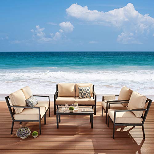 Festival Depot 7-Pieces Patio Outdoor Furniture Conversation Sets Loveseat Sectional Sofa, All-Weather Black Slatted Back Chairs with Coffee Table and Soft Removable Couch Cushions (Beige)