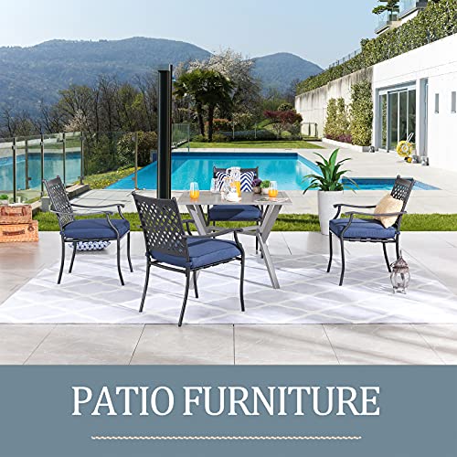 Festival Depot 5 Piece Patio Furniture Set 4 Outdoor Wrought Iron Dining Chairs with Thick Seat Cushions and Square Metal Table with 2.16" Umbrella Hole for Garden Yard Deck