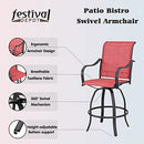 Festival Depot 6-Piece Bar Bistro Patio Outdoor Dining Furniture Sets High Stools 360° Swivel Chairs with Slatted Steel Curved Armrest Square Coffee Side Table Tempered Glass Desktop