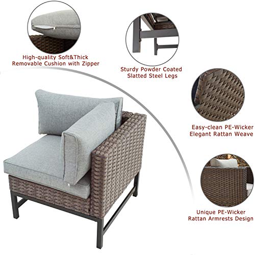 Festival Depot Dining Outdoor Patio Bistro Furniture Left Armrest Chair with Wicker Rattan Armrest Premium Fabric Comfort&Soft 3.1" Cushion with Metal Slatted Steel Leg for Garden Poolside All-Weather