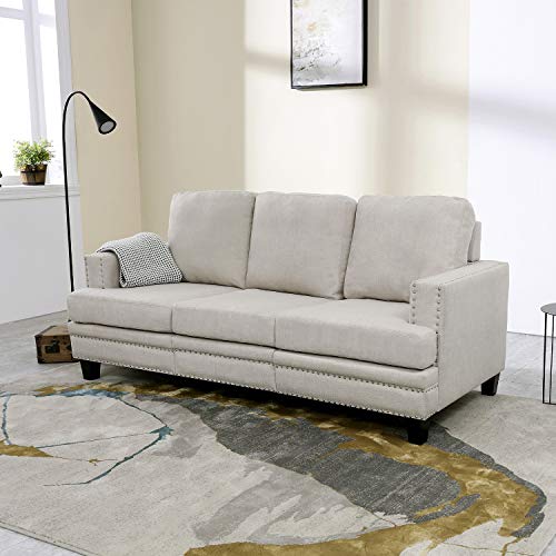 Festival Depot 1 Piece Indoor Modern Fabric Furniture Rivet Edge Armrest 3-Seat Sofa Couch for Living Room Bedroom with Comfortable Seat, 74.8" x 31.5" x 30.7"