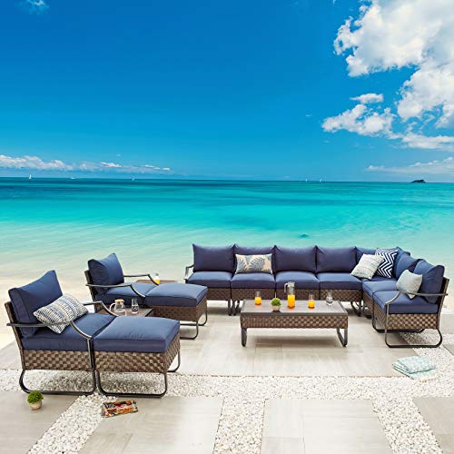 Festival Depot 14 Pcs Patio Conversation Sets Outdoor Furniture Sectional Corner Sofa with All-Weather PE Rattan Wicker Chair Coffee Table and Thick Soft Removable Couch Cushions (Blue)