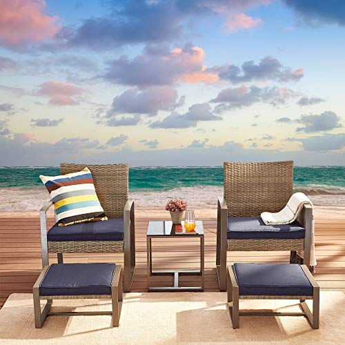 Festival Depot 5 Pieces Outdoor Furniture Patio All-Weather Rattan Conversation Set Armchair, Ottoman with Cushions and Coffee Table with Glass and Metal Frame for Garden Deck Poolside Balcony