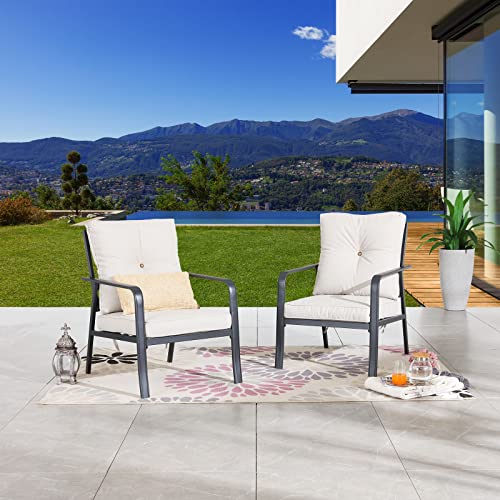 Festival Depot Patio Bistro Dining Chairs Outdoor Furniture with Curved Armrest, Metal Steel Frame and Detachable Seat & Back Cushion for Porch Balcony Deck Poolside, Beige