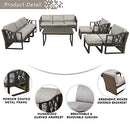 Festival Depot 11Pc Outdoor Furniture Patio Conversation Set Sectional Sofa Chairs All Weather Wicker Ottoman Metal Frame Rectangle Slatted Coffee Table with Thick Grey Seat Back Cushions No Pillows