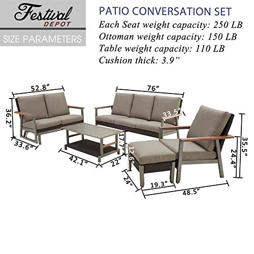 Festival Depot 5pcs Patio Conversation Set Wicker Chair All Weather Rattan Glider Loveseat Ottoman 3-Seater Sofa with Grey Thick Cushion and Coffee Table in Metal Frame Outdoor Furniture