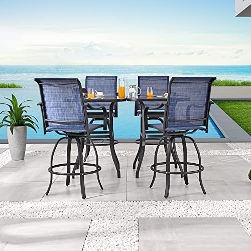 Festival Depot 6-Piece Bar Bistro Patio Outdoor Dining Furniture Sets High Stools 360° Swivel Chairs with Slatted Steel Curved Armrest Square Coffee Side Table Tempered Glass Desktop