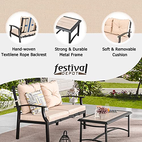 Festival Depot 2 Pcs Patio Set Conversation Set with Coffee Table Outdoor Furniture Loveseat Armchair with Hand-Woven Textilene Rope Backrest (Black Metal Frame with Beige Cushion)