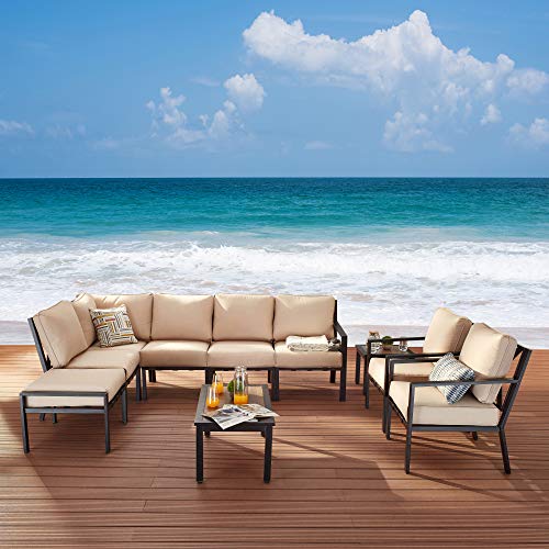 Festival Depot 10-Pieces Patio Outdoor Furniture Conversation Sets Sectional Corner Sofa, All-Weather Black X Slatted Back Armchairs with Coffee Table and Thick Removable Couch Cushions (Beige)