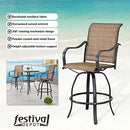 Festival Depot 3-Piece Bar Bistro Patio Outdoor Dining Furniture Sets High Stools 360å¡ Swivel Chairs with Slatted Steel Curved Armrest Square Coffee Side Table Tempered Glass Desktop