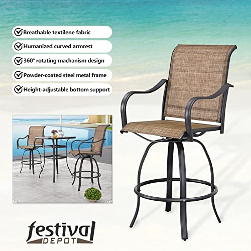 Festival Depot 3-Piece Bar Bistro Patio Outdoor Dining Furniture Sets High Stools 360å¡ Swivel Chairs with Slatted Steel Curved Armrest Square Coffee Side Table Tempered Glass Desktop