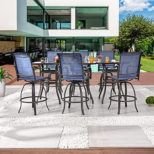 Festival Depot 9-Piece Bar Bistro Patio Outdoor Dining Furniture Sets High Stools 360¡ Swivel Chair with Slatted Steel Curved Armrest Square Side Coffee Side Table Tempered Glass Desktop