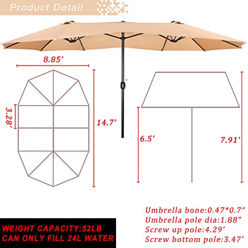 Festival Depot 14.7 ft Patio Umbrella Outdoor Large Twin Umbrella Double-Sided Ventilation Sun Canopy Market Umbrella with Aluminum Pole Handle Crank Without Base for Garden, Poolside, Deck