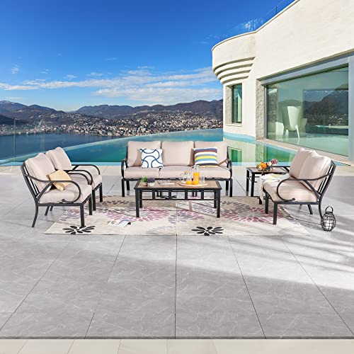 Festival Depot 9 Pieces Patio Conversation Set Sectional Sofa Armchair with Thick Cushions and Side Coffee Table All Weather Metal Outdoor Furniture for Deck Garden, Beige