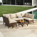 Festival Depot 7 Pcs Patio Outdoor Furniture Conversation Set Sectional Corner Sofa with All-Weather Brown Wicker Back Chair, Coffee Side Table, Ottoman and Soft Thick Removable Couch Cushions