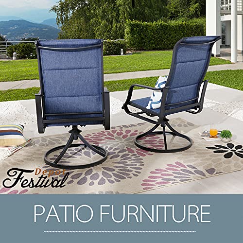 Festival Depot 2 PC 360° Swivel Chairs Patio Dining Chairs with High Back and Curved Armrest Textilene Fabric Outdoor Furniture for Deck Garden Pool (Blue)