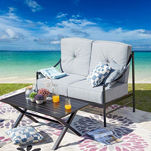 Festival Depot 2pcs Outdoor Furniture Patio Conversation Set Metal X Shaped Legs Coffee Table Loveseat Armchairs with Seat and Back Cushions Without Pillows for Lawn Beach Backyard Pool, Grey