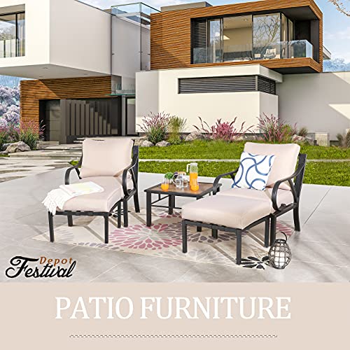 Festival Depot 5pcs Patio Bistro Set Metal Armchairs Ottomans with Cushions and Side Table All Weather Outdoor Furniture for Garden Balcony, Beige