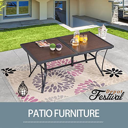 Festival Depot Patio Dining Table, Outdoor Folding Table, All Weather Furniture with Red Imitation Wood Grain Tabletop Black Metal Frame (Rectangle)