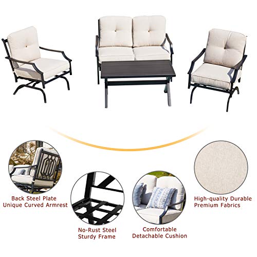 Festival Depot 4 Pieces Dining Outdoor Patio Bistro Furniture Loveseat Armchairs Set with Comfortable&Soft Cushions Premium Fabric with Curved Armrest with Slatted Steel Coffee Table Metal Frame,White