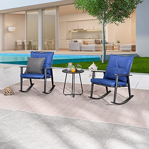 Deluxe 3 Piece Blue PE Wicker Rocking Chair Bistro Set with Cushions a ...