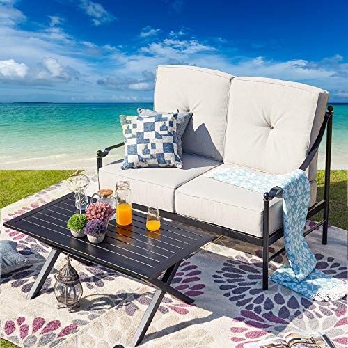 Festival Depot 2pcs Outdoor Furniture Patio Conversation Set Metal X Shaped Legs Coffee Table Loveseat Armchairs with Seat and Back Cushions Without Pillows for Lawn Beach Backyard Pool, Beige