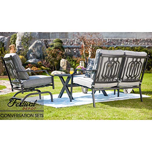 Festival Depot 4 Pieces Dining Outdoor Patio Bistro Furniture Loveseat Armchairs Set with Comfortable&Soft Cushions Premium Fabric with Curved Armrest with Slatted Steel Coffee Table Metal Frame,Gray