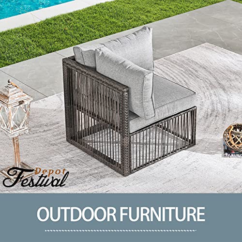 Festival Depot Wicker Patio Single Sofa, Outdoor Right-arm Chair, All-Weather Brown PE Rattan Couch Chair Waterproof Sectional Furniture for Balcony Garden Pool Lawn Backyard (Grey Thick Cushion)