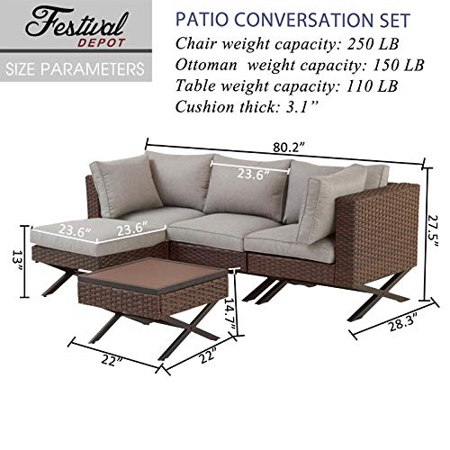 Festival Depot 5pcs Outdoor Furniture Patio Conversation Set Sectional Sofa Chairs with X Shaped Metal Leg All Weather Brown Rattan Wicker Ottoman Side Coffee Table with Grey Thick Seat Back Cushions