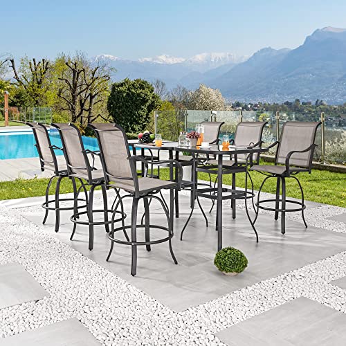 Festival Depot 9-Piece Bar Bistro Patio Outdoor Dining Furniture Sets High Stools 360¡ Swivel Chair with Slatted Steel Curved Armrest Square Side Coffee Side Table Tempered Glass Desktop