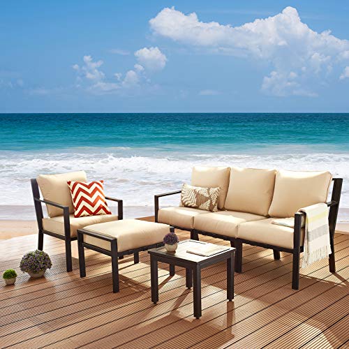 Festival Depot 6-Piece Patio Sectional Corner Sectional Sofa Conversation Set Outdoor with Ottoman and Coffee Table Metal Chairs for Porch Lawn Garden Balcony Pool Backyard, Thick Grey Cushions, Black