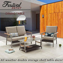 Festival Depot Patio Coffee Table Rectangle Dining Table Metal Slatted Top Table with Wicker Rattan Storage Shelf Outdoor Furniture for Garden Yard, Grey