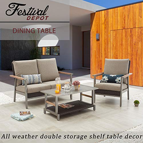 Festival Depot Patio Coffee Table Rectangle Dining Table Metal Slatted Top Table with Wicker Rattan Storage Shelf Outdoor Furniture for Garden Yard, Grey