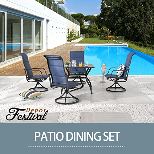 Festival Depot 5-Piece Patio Dining Sets Outdoor Furniture with Round Swivel Chairs Deck Table High Textilene Back and Metal Frame for Backyard Porch Lawn Garden