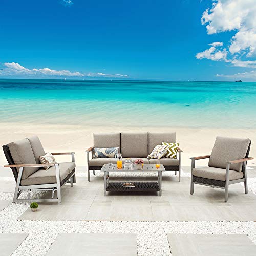 Festival Depot 4pcs Patio Conversation Set Wicker Armchair Glider Loveseat All Weather Rattan 3-Seater Sofa with Thick Cushions and Coffee Table in Metal Frame Outdoor Furniture for Deck