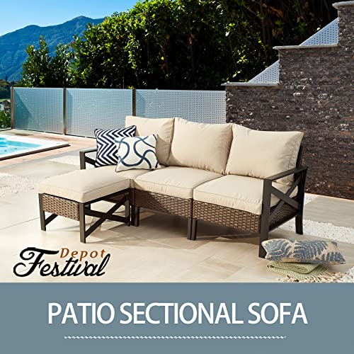 Festival Depot Patio Armless Sofa Sectional Furniture Loveseat Outdoor Dining Chair with Cushions Pillow and Metal Frame Wicker for Garden Backyard Pool Farmhouse (Beige) (B-PF20722-new1)