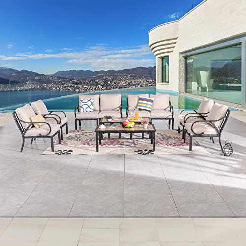 Festival Depot 10pcs Patio Conversation Set Sectional Metal Chairs with Cushions and Coffee Tables Outdoor All Weather Furniture for Garden Backyard, Beige