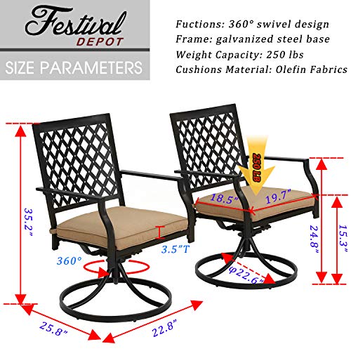 Festival Depot 2 Pcs Patio Outdoor Metal 360 Swivel Rocker Chairs Furniture All-Weather Bistro Set Dining Chairs with Removable Thick Cushion, for Deck Garden Pool Two Color