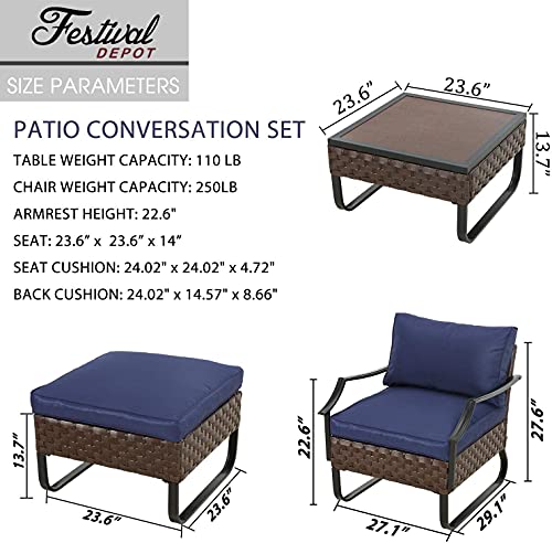 Festival Depot 3 Pieces Patio Furniture Set, All-Weather PE Rattan Wicker Metal Frame Sofa Outdoor Conversation Set Sectional Couch with Cushion Ottoman and Coffee Table for Deck Poolside (Blue)