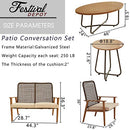 Festival Depot 10 Pieces Patio Outdoor Furniture Conversation Set with Metal Side Coffee Side Table Wooden-Color Steel Wicker Weaving Mesh Back Armchair with Cushions (Khaki)