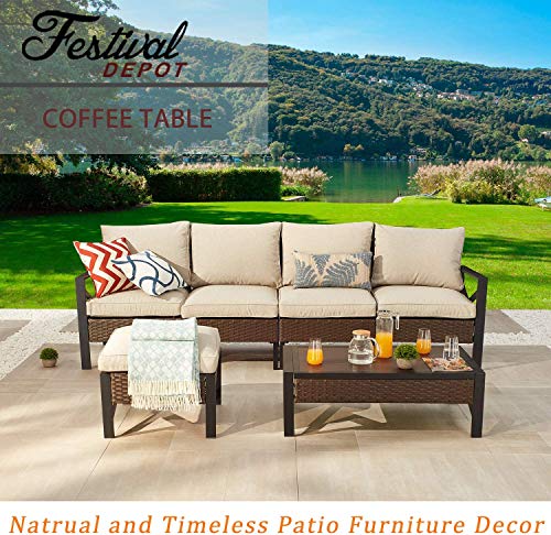 Festival Depot Patio Table Rattan Coffee Table with Aluminum Tabletop and X Shaped Leg All Weather Outdoor Wicker Furniture for Backyard Porch Garden