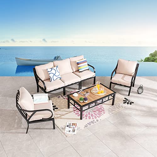 Festival Depot 6pcs Patio Conversation Set Sectional Metal Chairs with Cushions and Coffee Table All Weather Outdoor Furniture for Garden Backyard, Beige