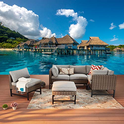 Festival Depot 6 Pieces Patio Outdoor Furniture Conversation Set Sectional Corner Sofa Wicker Chairs Ottomans with Metal Frame Furniture Seating Thick Soft Cushion (Gray)