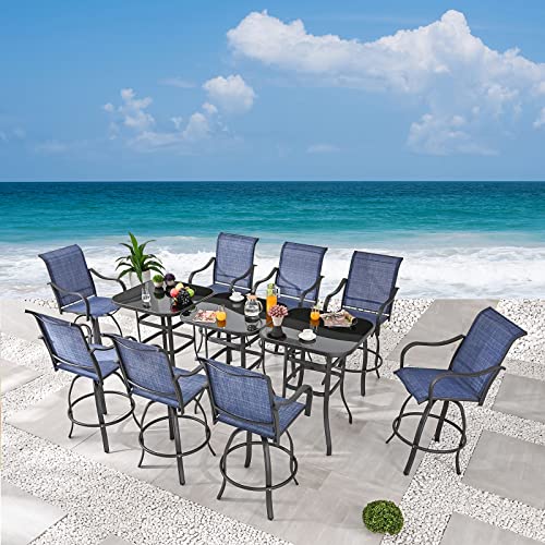 Festival Depot 11Pcs Bar Bistro Outdoor Patio Dining Furniture Sets High Stools 360° Swivel Chairs With Slatted Steel Curved Armrest Coffee Table Tempered Glass Desktop (8 Chairs,3 Table)