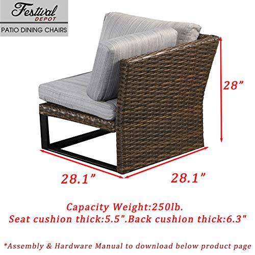 Festival Depot Dining Outdoor Patio Bistro Furniture Corner Sectional Chairs Wicker Rattan Premium Fabric Soft Comfortable 5.5" Cushions with Metal Steel Frame Leg for Garden Poolside Lawn All-Weather