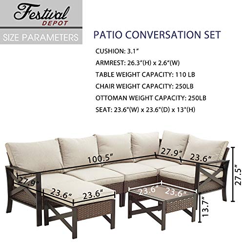Festival Depot 7 Pieces Patio Conversation Set Outdoor Furniture Sectional Corner Sofa with All-Weather Brown PE Wicker Back Chair, Coffee Table, Ottoman and Thick Soft Removable Couch Cushions