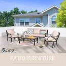 Festival Depot 6pcs Patio Conversation Set Sectional Metal Chairs with Cushions and Coffee Table All Weather Outdoor Furniture for Garden Backyard, Beige